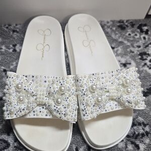 Jessica Simpson White Pearl & Crystal Bow Slide Sandals